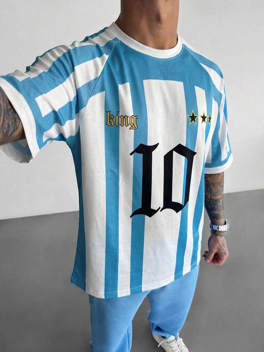 Hanorac bărbătesc cu dungi albastre și albe, tricou cu mânecă raglan cu model retro numărul 10, top imprimat în stil Blokecore cool, tricou sport casual modern, stil stradal, lejer, de vară, cu uscare rapidă - Bleu - Vizualizare 1