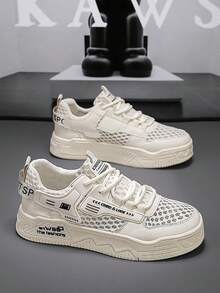 男士厚底运动鞋，街头字母印花透气网面鞋，休闲夏季运动鞋 - 米色 - 查看 12