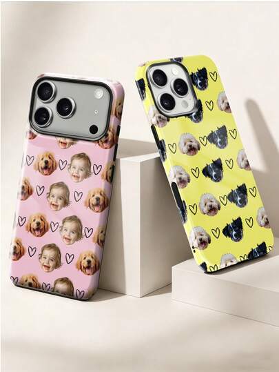 1 Coque de téléphone personnalisée rose/jaune avec photos de parents et enfants, photos d'animaux de compagnie, photos de vacances et de voyages, photos de meilleurs amis, photos du quotidien. Coque rigide 2-en-1 avec film brillant. Compatible avec iPhone 17Pro Max, 17e, Air, 16, 15, 14, 13, 12, 11, PRO MAX. Style mignon Y2K, coque de téléphone à la mode et intéressante de style coréen haut de gamme