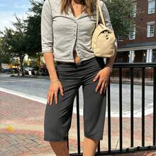 Women's Black Wide Leg Capri Pants, Low Waist Loose Fit Stretchy Cropped Trousers, Casual Y2K Streetwear Summer Daily Going Out Vacation Pants For Ladies - 灰色 - 查看 2