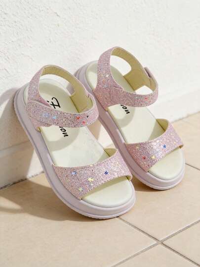 Giày trẻ em, giày bé gái, dép xăng đan trẻ em có thể điều chỉnh, size 3-12 tuổi, màu hồng hoa anh đào, lấp lánh, họa tiết ngôi sao nhiều màu sắc, đế xuồng, khóa dán, kiểu dáng mùa hè, mộng mơ, ngọt ngào cho bé gái.