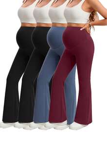 4-Piece Set Of Women's Maternity Flared Pants: High-Waisted, Belly-Supporting, Boot-Cut Yoga Pants-Casual Pants Perfect For Pregnancy - Đen + Đen + Xám + Đỏ - Xem 1
