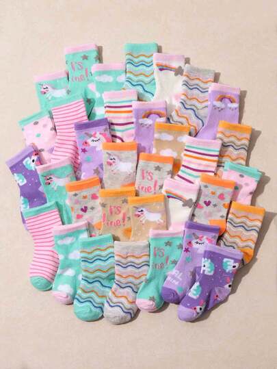 10 Pairs Random Baby/Toddler Unicorn + Rainbow + Cloud / Cartoon Cute / Multicolor Striped Mid-Calf Socks, Soft Breathable, Adorable Casual, Suitable For Home Play And Daily Wear