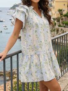Women Boho Floral Mini Dress Summer Loose Fit Drawstring Short Ruffled Sleeve V Neck Dress Casual A-Line Flowy Mini Dress Sundress Streetwear Beach Outfits - 天藍 - 查看 2