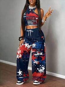 Women's Two-Piece Set With Red, White And Blue Star Stripe Print, Polyester Fabric, Lightweight And Breathable, Fashionable, Sports & Outdoor Women's Sportswear Suit, Women's Fashion Suit - 彩色 - 查看 2
