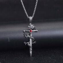 1件时尚朋克风龙剑吊坠项链，男士街头风，适合日常佩戴、派对等场合，是送给男友的最佳礼物 - 銀色 - 查看 3