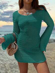 Vestido corto de manga larga con diseño transparente y espalda descubierta, unicolor, sexy y apropiado para la playa y vacaciones, primavera/verano, color blanco - Blanco - Ver 12