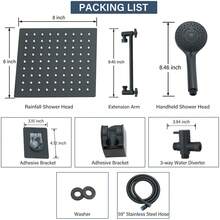 Matte Black/Published Sliver Shower Head Combo,8/10/12" Rain Square Shower Head  With 9 Inch Adjustable Extension Arm And 3 Settings Handheld Spray,150cm Long Hose,Wall-Mounted,Adjustable Height , Home Bathroom Decor ,Shower Accessories - 折疊臂 - 查看 9