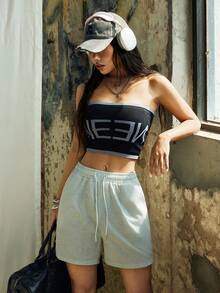 1 Pair Of Solid Color Casual Shorts, Running Shorts With Drawstring And Elastic Waistband, Suitable For Sports, Women's Summer Sports Shorts. White - White - View 4