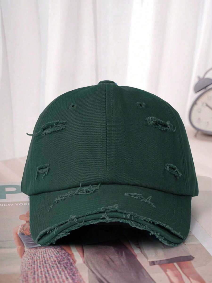 1pc Unisex Y2K Style Distressed Washed Baseball Cap, Outdoor Sun Protection Hat Suitable For Sports, Daily Commute,Festival,Travel - Dark Green - View 1