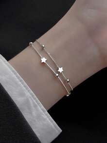 1 chiếc vòng tay bạc S925 thời trang, sáng tạo, đa năng, lãng mạn, tinh tế, hai lớp đính hạt hình ngôi sao, thích hợp cho phụ nữ đeo hàng ngày và làm quà tặng. - Bạc - Xem 1