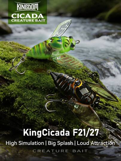  1 pieza KINGDOM KingCicada F21/F27 Cebo de pesca flotante de 1.6g/2.4g 21mm/27mm con alta simulación de cigarra, con sonajeros ruidosos y alas plegables, anzuelos triples afilados para agua dulce y turbia