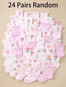 24/12/6 Pairs Toddler Girls Floral Print Bow Decor Ruffle Trim Socks, Pink Cute Baby Girls Floral Pattern Bow Decor Ruffle Edge Soft Breathable Daily Wear Socks - Multicolor - View 9