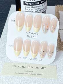 10pcs Handmade Nude Pink & Cream Yellow French Glitter Rhinestone Nail Stickers Set (XS/S/M/L): Nude Pink Base With Cream Yellow French Tips, Accented With Silver Glitter And Colorful Rhinestones, Delicate And Shimmery Texture, Suitable For Daily Commute And Semi-Formal Occasions, Reusable Press On Nails - Champagne - View 14