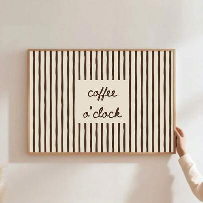 1pc Framed/Unframed Coffee O'clock Funy Quote Vintage Canvas Poster Brown Striped Kitchen Cafe Bar Cart Wall Art Print Y2K Aesthetic Decor Painting For Apartment,Living Room,Dining Room,Modern Home Decoration