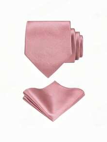 Bộ 1 cà vạt và khăn cài túi màu trơn 8cm dành cho nam, chất liệu satin, phụ kiện vest công sở. - Bụi hồng - Xem 3
