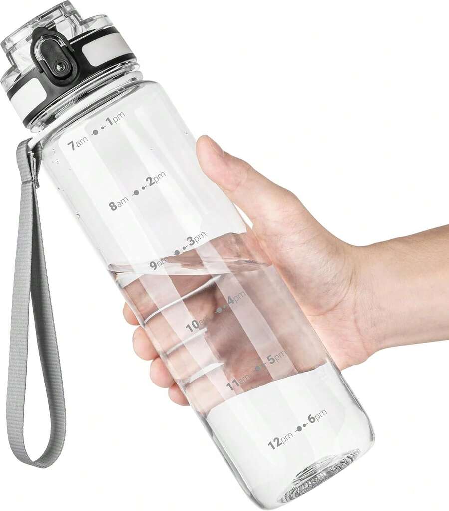 32oz Motivational Tritan Water Bottle With Time Marker & Strap, Leakproof , Transparent For School, Gym, Travel & Outdoor - B-Xanh trong suốt - Xem 1