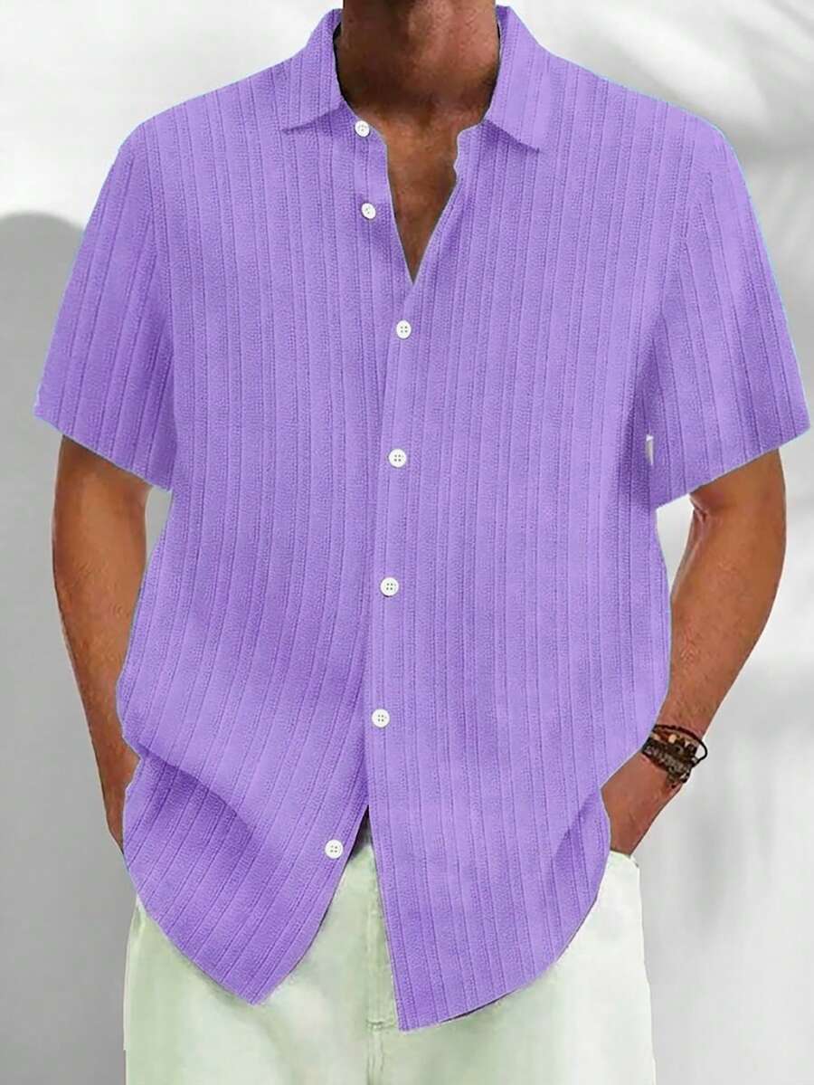 Plus Size Men's Casual Basic Striped Lightweight Breathable Button-Down Short Sleeve Shirt - Mauve Purple - View 1