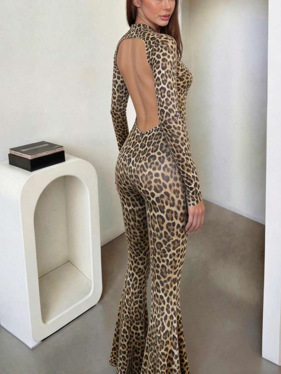 DOUCIU 豹纹圆领长袖修身露背性感连体裤（女款）