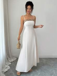 Lili House 女士浅杏色露背缎面吊带金色刺绣褶皱腰连衣裙，优雅性感百搭，适合春夏婚礼宾客、宴会、度假、新娘派对等场合。 - 杏色 - 查看 4