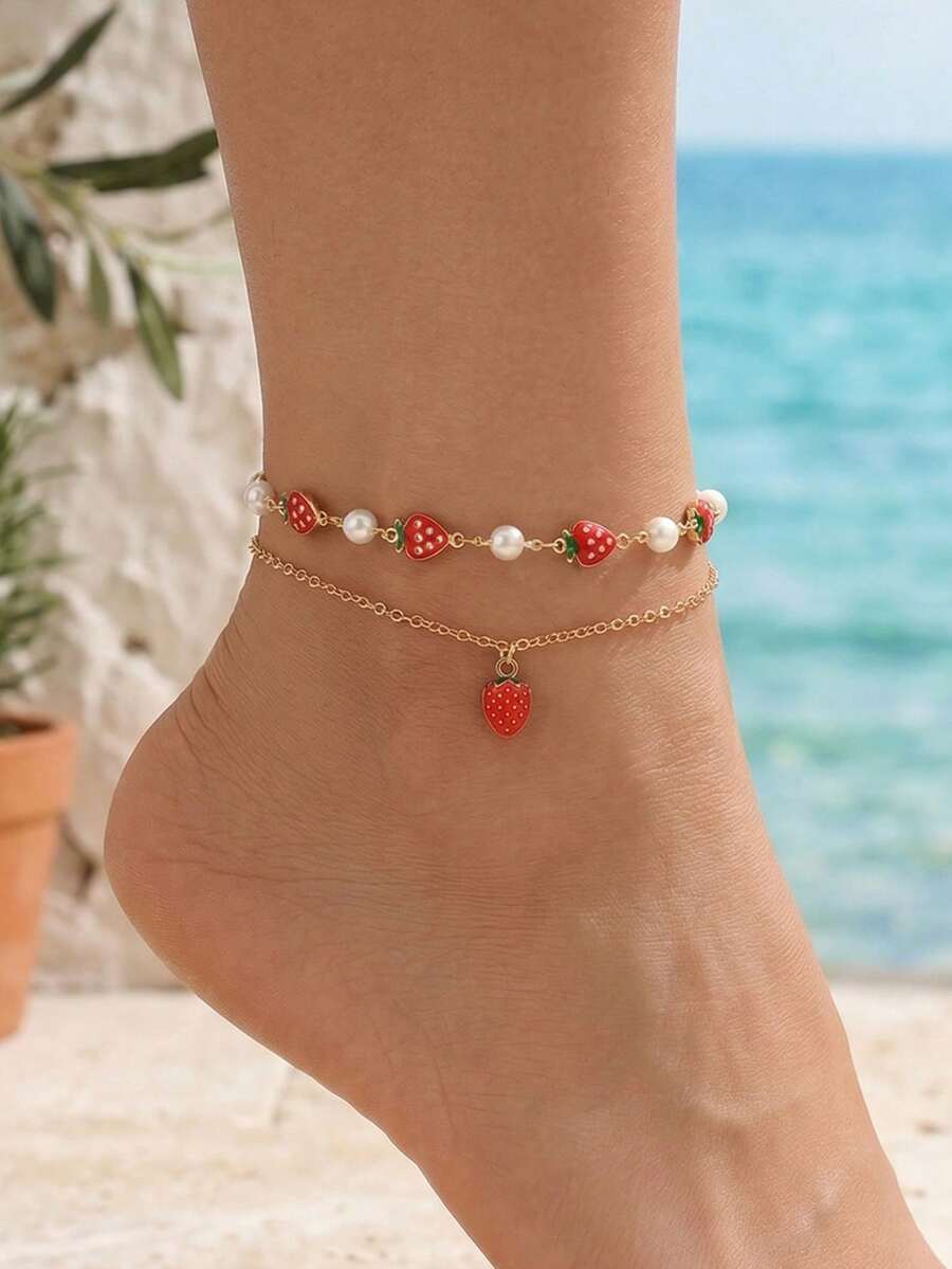 Bộ 2 chiếc vòng chân hình dâu tây tráng men dễ thương, phụ kiện trang sức thủ công phù hợp để đeo hàng ngày, đi biển, hẹn hò, dự tiệc. - Nhiều màu - Xem 1