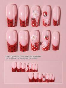 24pcs Long Coffin Shaped 3D Gel Nail Stickers With Cute Ladybug And Floral Designs, Includes Pearl Decorations, Red French Press-On Nails, Square Acrylic Fake Nails With 1pc Jelly Gel And 1pc Nail File, Easy To Wear For Summer And French Manicure, Suitable For Women And Girls For Daily, Party Use - Multicolor - View 2
