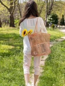 1pc Foldable Beach Tote Bag, Casual Handbag, Women's Collapsible Shoulder Bag, Suitable For Beach Picnic Vacation, Large Capacity Waterproof Beach Bag, Lightweight Foldable Beach Bag, Portable Travel Bag, Travel Essential, Multifunctional Shoulder Shopping Bag, Hollow Beach Net Handbag, Large Capacity Bathroom Swimming Storage Bag, Multifunctional Travel Toiletry Bag, Bathroom Bag And Shoulder Tote Bag, Suitable For Travel - Multicolor - View 7