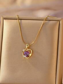 1pc Gold-Plated Necklace, Hollow Heart Pendant, Teardrop Cut, Inlaid With Ruby, Emerald, Sapphire, Pink Cubic Zirconia, Delicate O-Shape Chain, Suitable For Women's Daily Wear, Birthday Party, Valentine's Day, Wedding, Mother's Day, Engagement - Multicolor - View 10