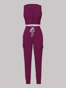 New Summer Women 2pcs Set, Casual Comfortable Solid Sleeveless Tank Top & Elastic Waist Pocket Long Pants - Màu tím 262 - Xem 5