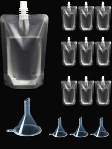50/30/10 pièces Sacs à boisson en plastique réutilisables avec entonnoir - 50ml/100ml/200ml/300ml/500ml Sacs à jus auto-aspirants | Transparents étanches portables pour boissons chaudes/froides de plein air - Multicolore - Voir 2