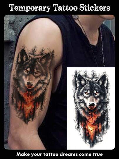 1 hoja de tatuaje temporal de gran tamaño, unisex, con patrones realistas de animales como león, tigre y lobo. Tatuaje falso impermeable que dura de 2 a 5 días, puede cubrir cicatrices y se puede usar en brazos, muñecas, hombros, piernas, cintura, cuello, manos, pecho, muslos, dedos, tobillos y otras partes. Adecuado para fiestas, regalos, vacaciones, decoración corporal y otras ocasiones.