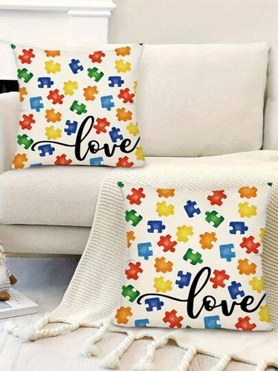 2Pcs Vibrant Autism Awareness Puzzle Pieces Throw Pillow Covers - Colorful Jigsaw Design, Soft High-End Linen Cushion Cases For Sofa, Bed, Car, And Living Room Home Decor - Electricity-Free, Machine Washable, , Yellow And Blue Colors