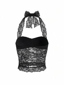 时尚无袖无肩带吊带背心，性感蕾丝镂空背心，夏季必备 - 黑色 - 查看 9