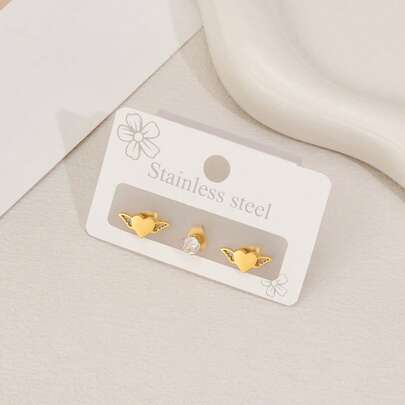 Stainless Steel Fashionable Jewelry, Heart-Shaped Small Wing Earrings, Zirconium Earrings, Suitable For Women's Daily Wear