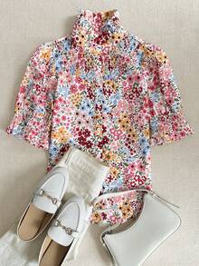 Women's Spring/Summer Vacation Style Short Sleeve Flare Sleeve Shirt, With Ruffle Hem, Button Front, Printed Pattern - Multicolor - View 2