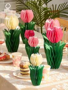 3pcs Tulip Flower Center Decorations, Paper Tulip Honeycomb Decor, Spring Home Decor, Pink & Yellow Flowers, Suitable For Office, Garden Party, Dining Table Center, Mother's Day, Spring Hanging Decor - Multicolor - View 1