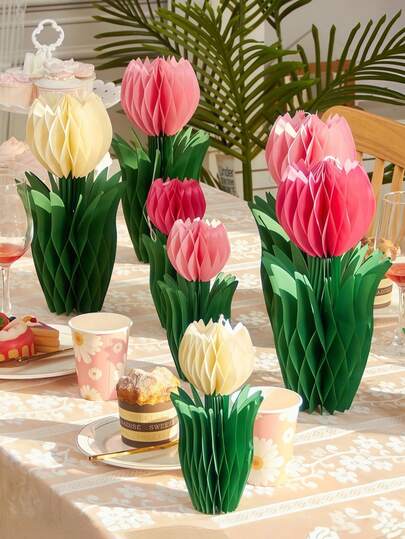 3pcs Tulip Flower Center Decorations, Paper Tulip Honeycomb Decor, Spring Home Decor, Pink & Yellow Flowers, Suitable For Office, Garden Party, Dining Table Center, Mother's Day, Spring Hanging Decor