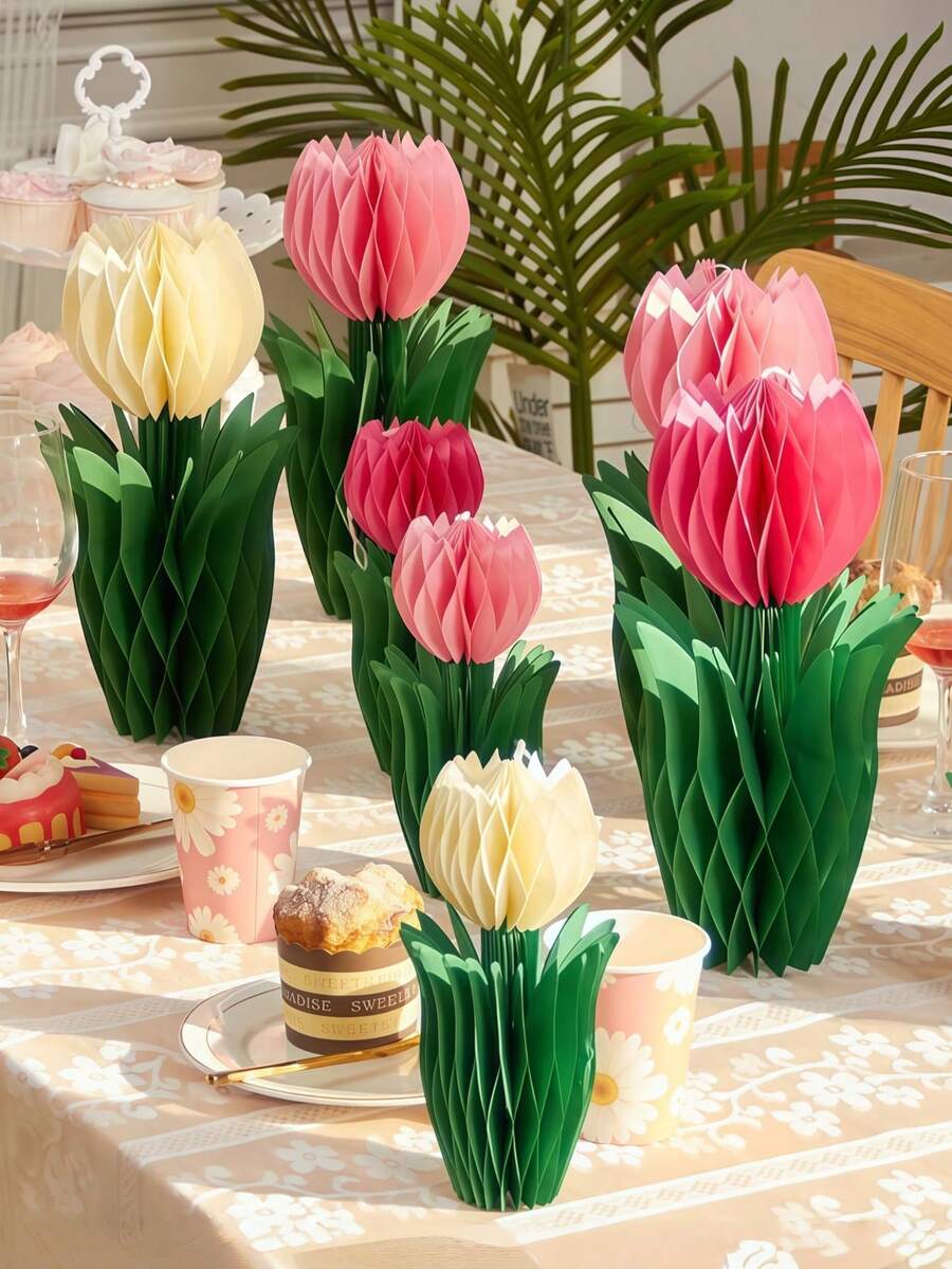 3pcs Tulip Flower Center Decorations, Paper Tulip Honeycomb Decor, Spring Home Decor, Pink & Yellow Flowers, Suitable For Office, Garden Party, Dining Table Center, Mother's Day, Spring Hanging Decor - Multicolor - View 1