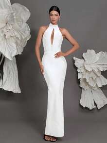 Halter Neck Knitted Bandage Dress, European And American Luxury New Arrival Evening Gown, Fashion Sexy Bodycon Dress For Family Parties, Cocktail Parties Wedding Party White - White - View 1