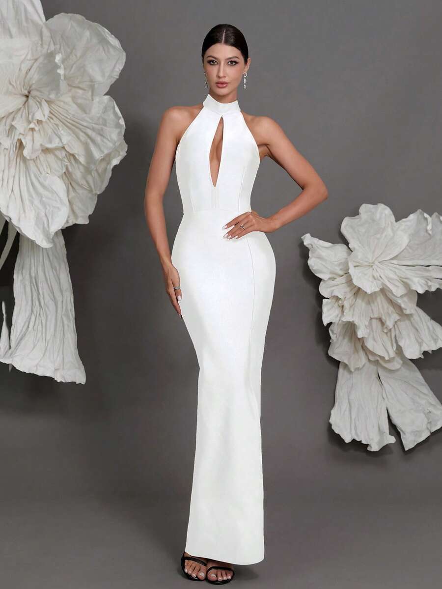 Halter Neck Knitted Bandage Dress, European And American Luxury New Arrival Evening Gown, Fashion Sexy Bodycon Dress For Family Parties, Cocktail Parties Wedding Party White - White - View 1