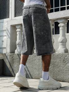 Pantalones cortos capri de mezclilla de pierna ancha con bordado para hombres - Gris - Ver 1