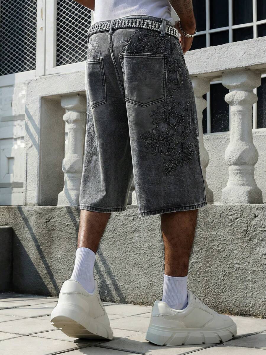 Pantalones cortos capri de mezclilla de pierna ancha con bordado para hombres - Gris - Ver 1