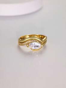 Set de 2 anillos de ojo de caballo de circonita de plata de ley 925 con diseño minimalista y lujoso, adecuado para bodas, fiestas, uso diario, regalo de boda perfecto para mujeres - Dorado - Ver 7