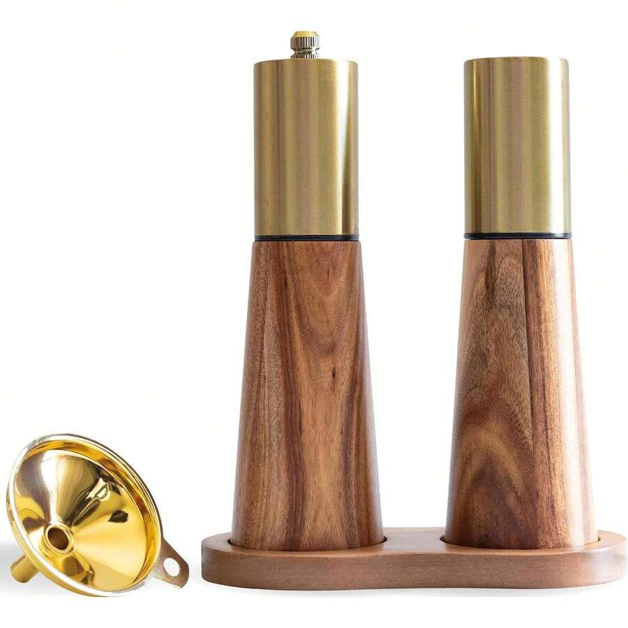 2件套盐和胡椒研磨器，带木底座，不锈钢手动盐和胡椒研磨器，带可调节陶瓷研磨器，适用于厨房、烧烤、野餐 - 彩色 - 查看 1