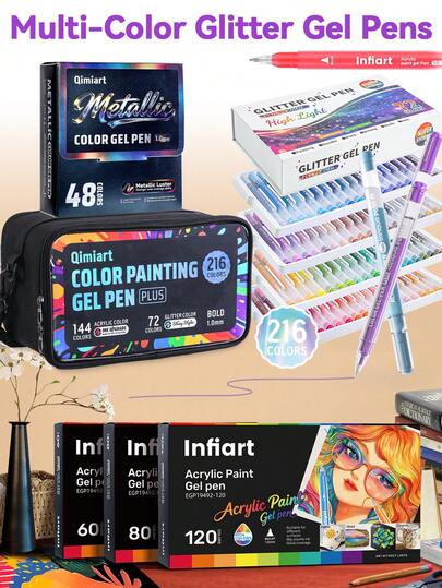 Bộ 216 bút dạ quang lấp lánh, 120/80/60 màu đa sắc, 48 bút nhũ kim loại, 72/54/36/24 bút huỳnh quang neon, bút nhũ kim loại dung tích lớn, đầu bút 1mm, lý tưởng cho nghệ sĩ và người mới bắt đầu, đựng trong túi và hộp quà sang trọng, hoàn hảo làm quà tặng tựu trường và phần thưởng cho giáo viên.