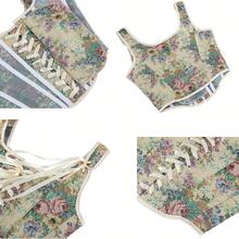 Women's Vintage Floral Corset Top Renaissance Camisole Gothic Overbust Bustier Shapewear - Green - View 3