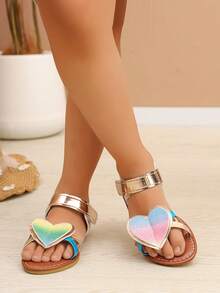 1双夏季时尚舒适彩虹亮片爱心凉鞋，金色踝带露趾平底凉鞋 - 金色 - 查看 4