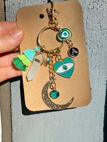 1 pieza Llavero con colgante en forma de ojo del diablo y luna de cristal verde natural y de strass verde, accesorio para mochila, llavero de coche, pequeño regalo de uso diario - Verde - Ver 2