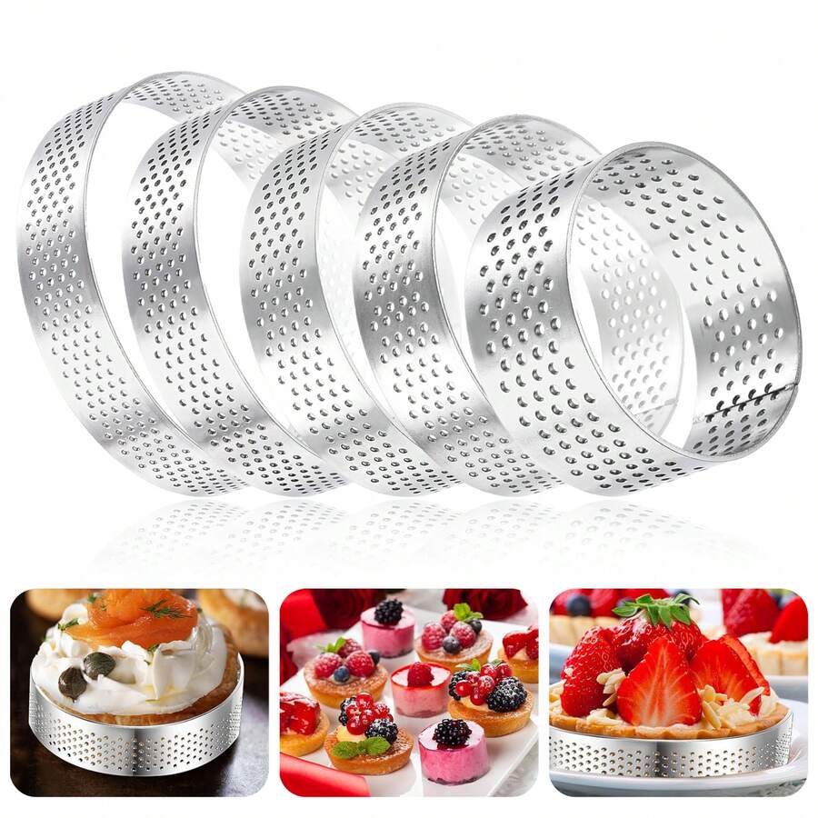 Cetakan Tart Berlubang, Cetakan Kue Stainless Steel Bulat, Cetakan Mousse untuk Memanggang, Memasak, dan Mentimun, Kulit Tart Buah Kecil - MultiWarna - View 1