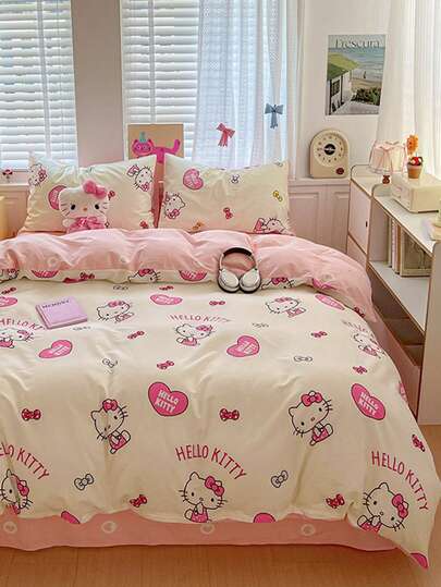  Juego de ropa de cama de 4 piezas con estampado lindo de Sanrio - Hello Kitty (1 funda nórdica + 1 sábana plana + 2 fundas de almohada, sin relleno) Suave y cómodo, 100% poliéster, adecuado para dormitorio, hogar, hotel, todas las estaciones, con cierre de cremallera y funda de almohada, multicolor y duradero